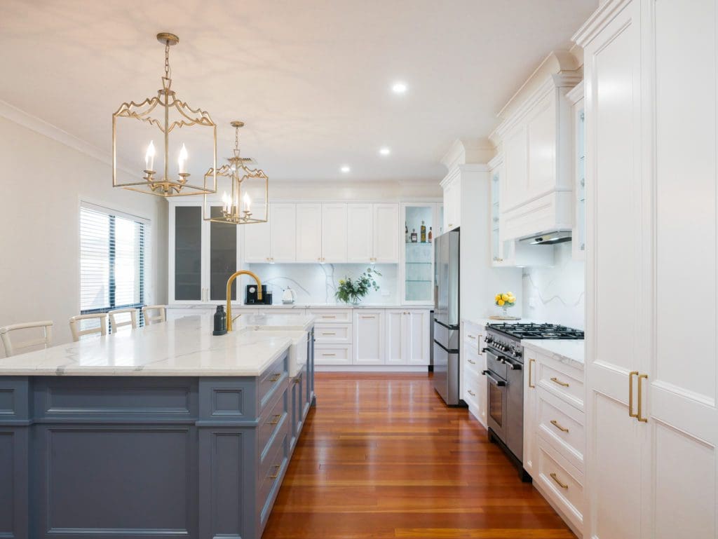 Elegant refined two toned kitchen Harrington Park wide view
