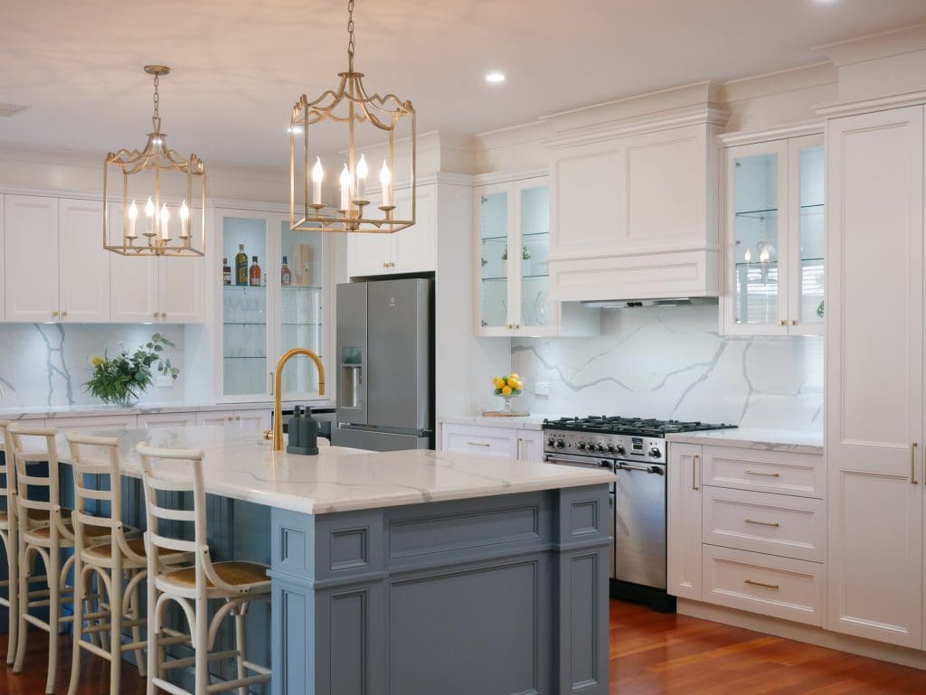 Elegant refined two toned kitchen Harrington Park wide view