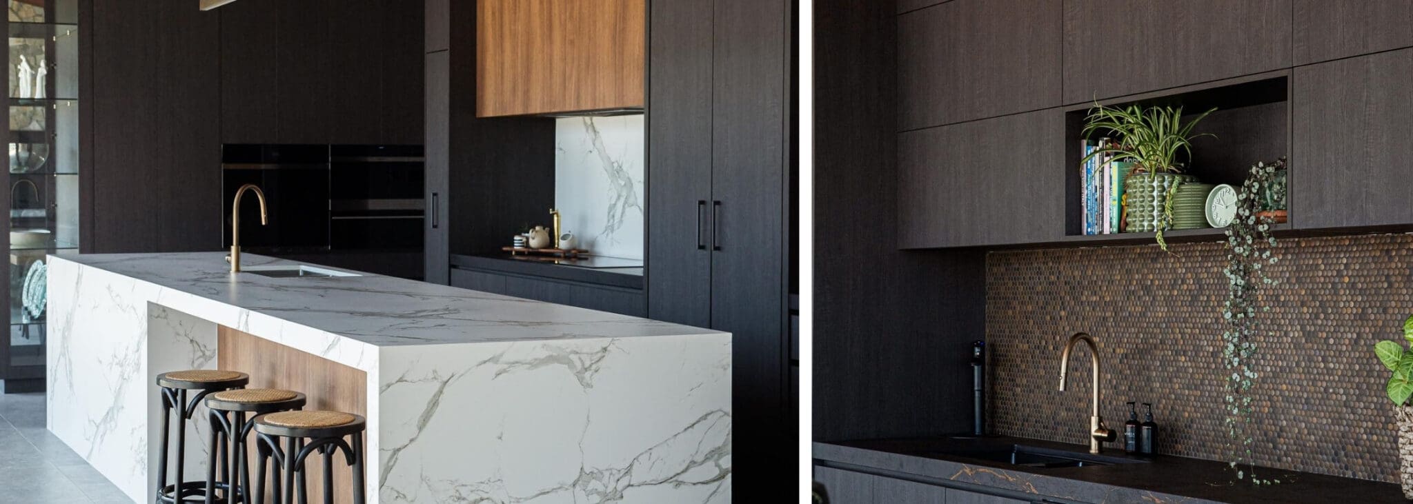Two-toned kitchen with soaring ceilings featuring Dekton Sirius porcelain benchtops.