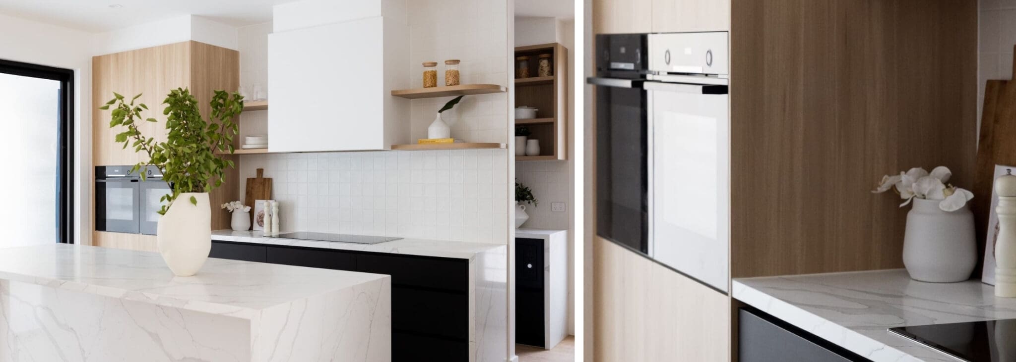 Contemporary kitchen featuring Dulux Lexicon quarter strength matte cabinetry, Polytec Plantation Ash woodmatt accents, and Tesrol Superclean Carbon bottom cabinetry. Modern square finger pull drawers and flat doors, with a hidden butler’s pantry.