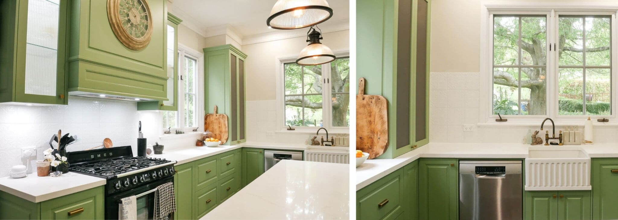 Cottage Garden Kitchen Moss Vale banner Smeg freestanding oven and dishwasher paired with a Westinghouse concealed range hood, creating a sleek and functional kitchen design.