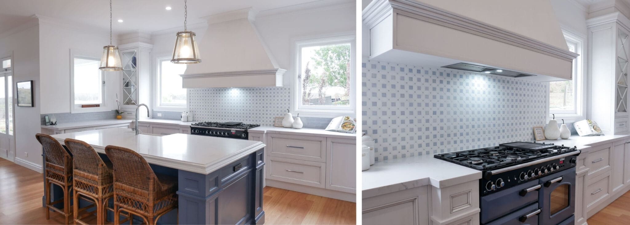 Sublime Hand Painted Kitchen Wayo banner Natural light opens up the kitchen, illuminating the stunning medium antiqued hand-painted cabinetry, with Dulux Lexicon quarter strength over the rich Dulux Domino. The island is colour-matched to the blue of the client’s Falcon cooker.