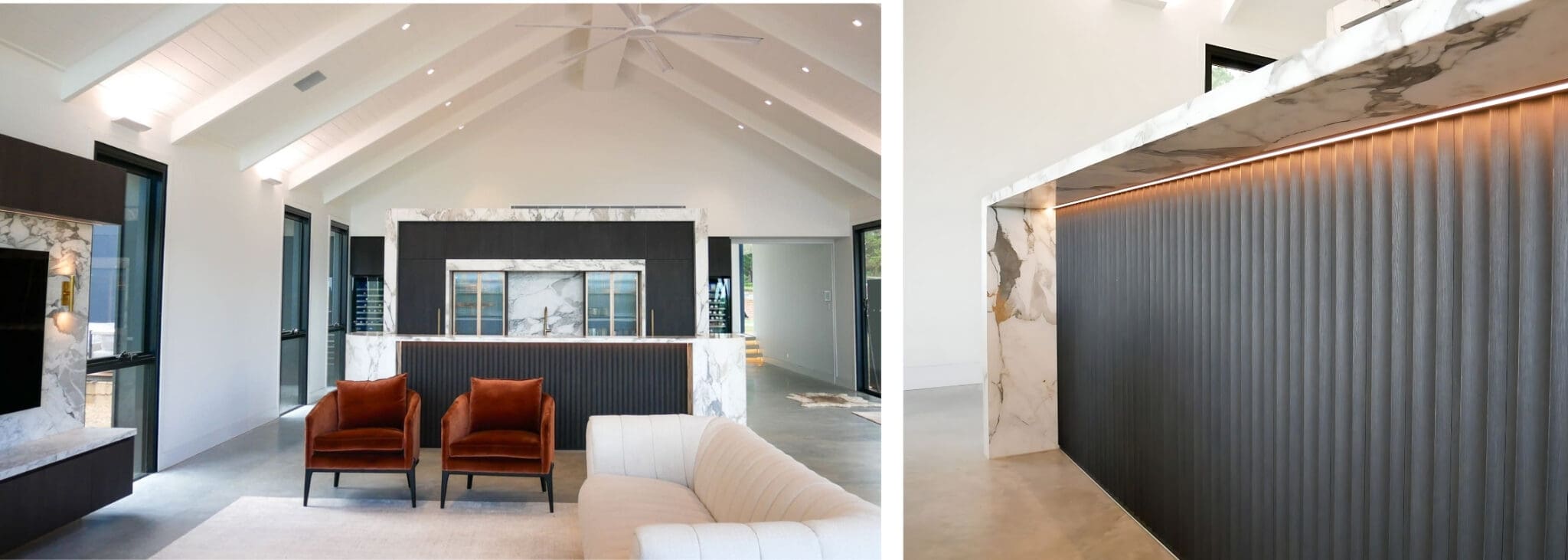 The bar area of the kitchen, designed to highlight the view, exudes glamour with a full Calacatta Vagili marble splashback, complemented by a Titan brass undermount sink and matching brass Titan tap. Brass-finished aluminium doors with fluted glass inserts frame both sides of the bar, while glass shelves are housed within the push-to-open doors.