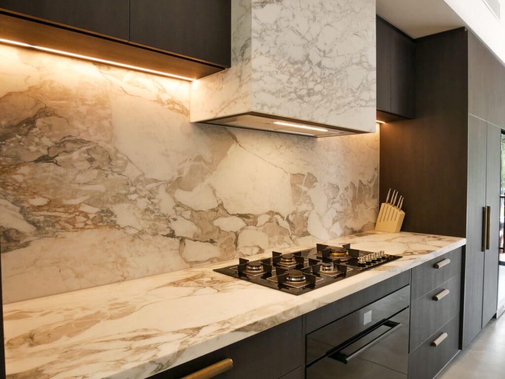 Dark Ilve oven and gas cooktop with a full Calacatta Vagili marble splashback on the bar side of the kitchen, focusing on glamour and the stunning view.