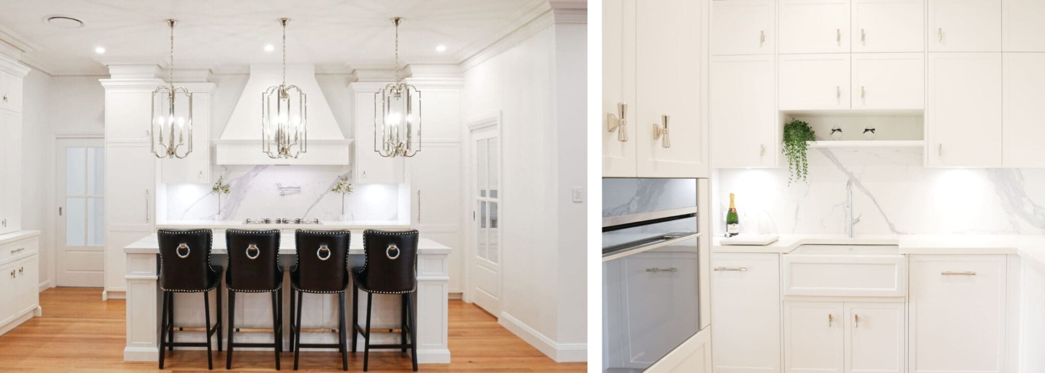 Lavish kitchen with a matching Smeg oven and cooktop, and a Smeg wall oven in the butler’s pantry, featuring a Smeg microwave, integrated dishwasher, beverage fridge, and 1901 butler's sink. Three polished nickel pendants hang over the island with leather bar chairs, adding a final touch of elegance.