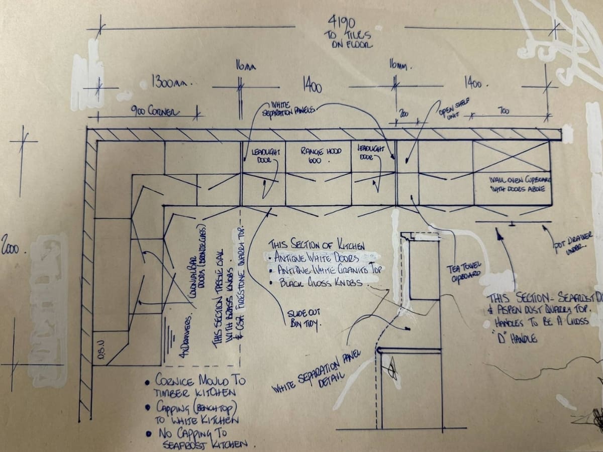 A hand-drawn pen sketch of the very first Harrington Kitchens showroom — the original concept brought to life with care and precision, marking the beginning of a proudly handcrafted legacy.