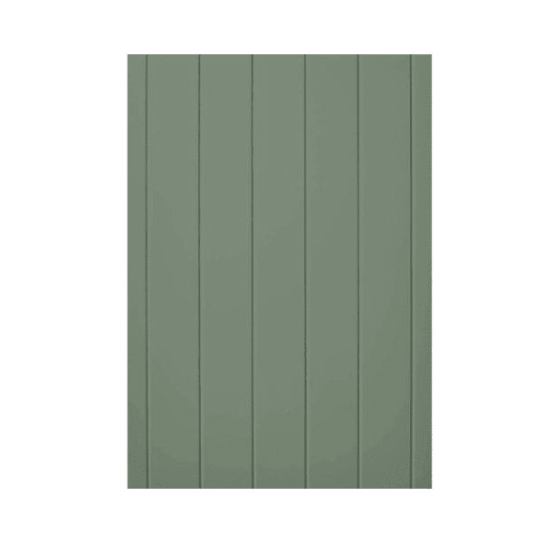 Sage green V-groove cabinet door with vertical panel detailing and smooth matte finish