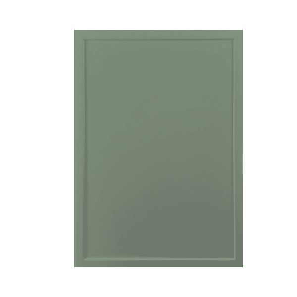 Sage green Colorado-style cabinet door with slim recessed panel and sleek modern edges