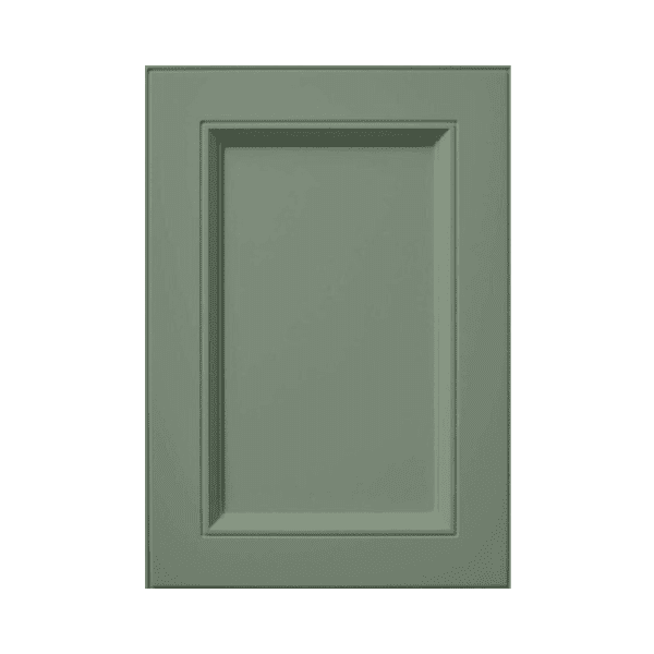 Provincial-style cabinet door in sage green with detailed inner edge moulding and recessed panel