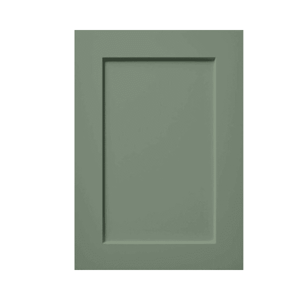 Sage green shaker-style cabinet door with recessed panel and smooth matte finish