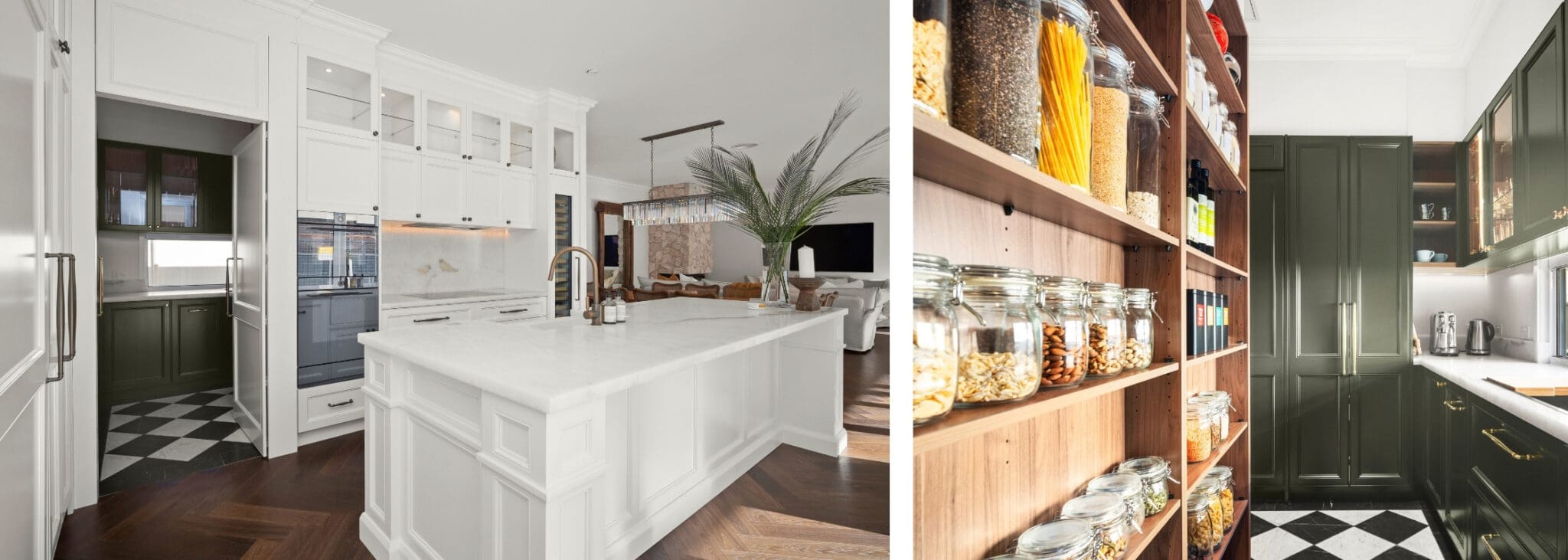 Elegant white kitchen with marble island, brass fixtures, and a walk-in butler’s pantry featuring deep green cabinetry, gold hardware, and organised open shelving with glass jars.