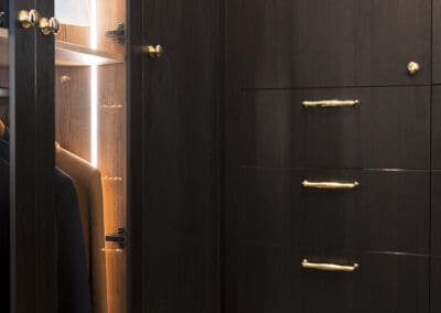Close-up of a dark timber robe with glass panel door, gold handles, and soft internal lighting showcasing hanging garments.