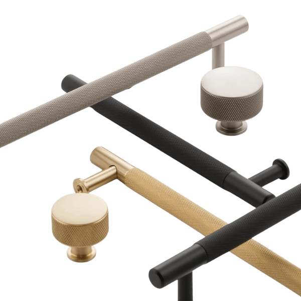 A display of kitchen handles in black chrome and gold 