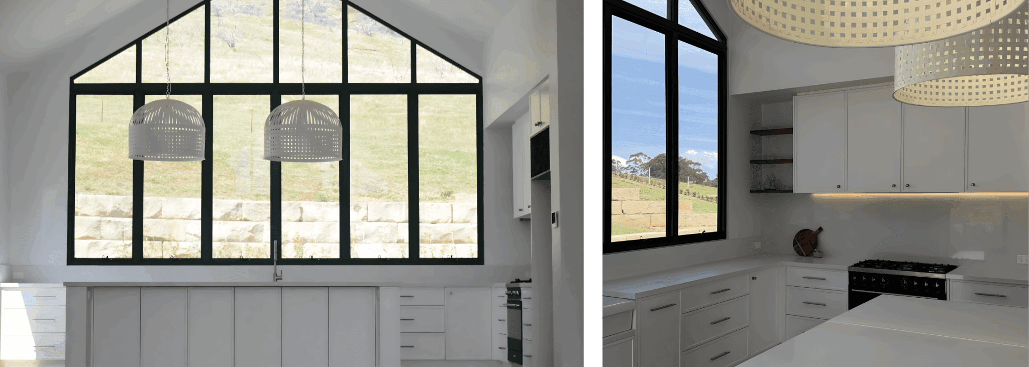 Bright modern country kitchen in Picton featuring black-framed windows, white cabinetry, large island bench with stone benchtop, pendant lighting, and natural outdoor views.