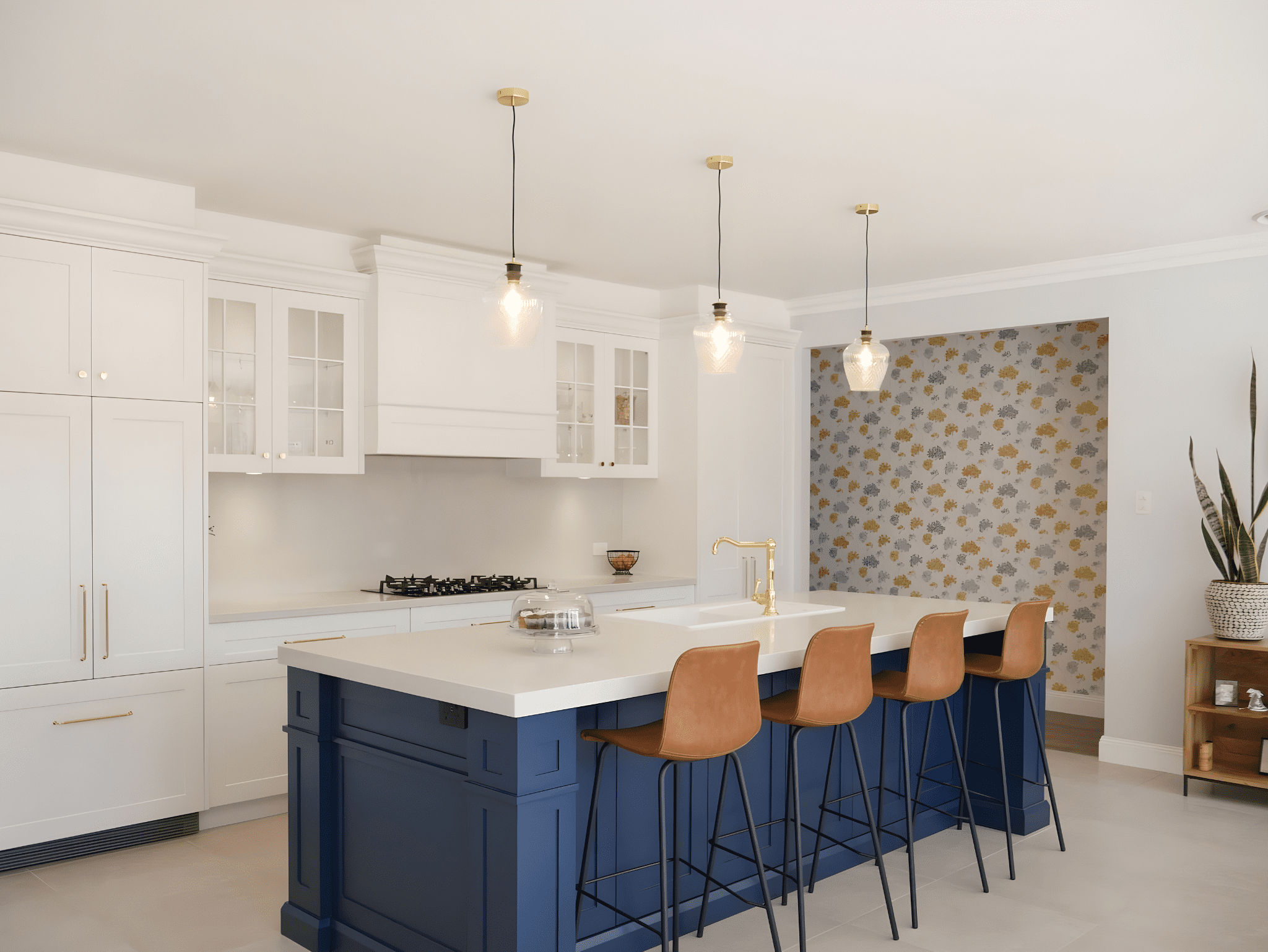 two toned shaker style kitchen with blue kitchne island and white shaker cabinets with glass inserts.
