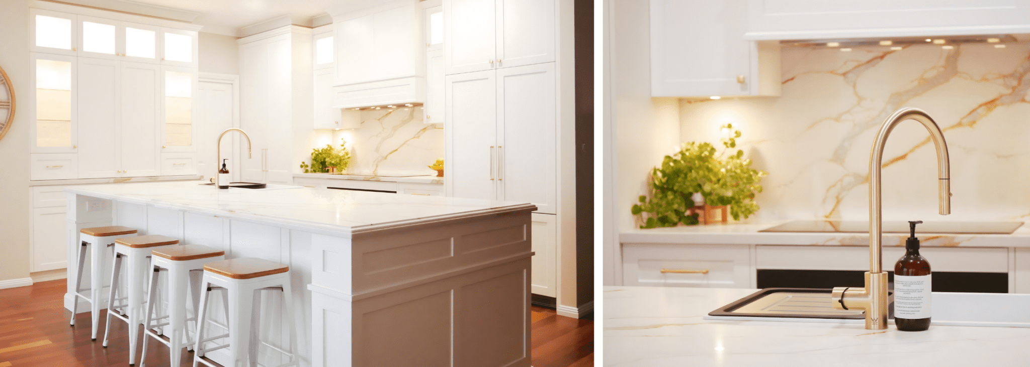 bespoke kitchen kirkham with shaker white cabinets , gold handles and a beautiful stone with grey and gold veining by Harrington Kitchens.