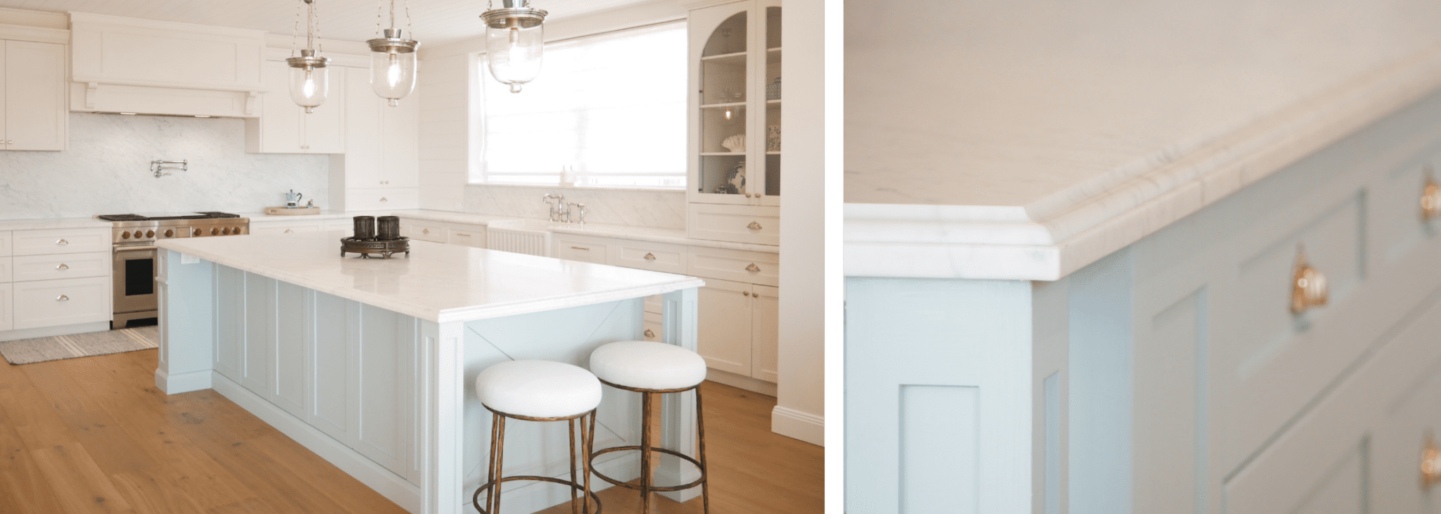 Two-Toned Kitchen hand-painted with Blue Island, white cabinets.  