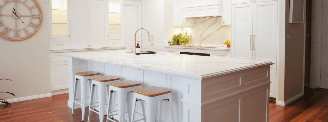 kitchen renovation upgrade, white shaker kitchen with golden vein benchtop.