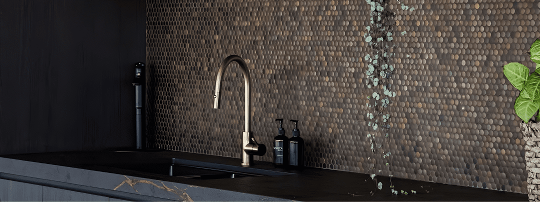 Black kitchen featuring tile splashback