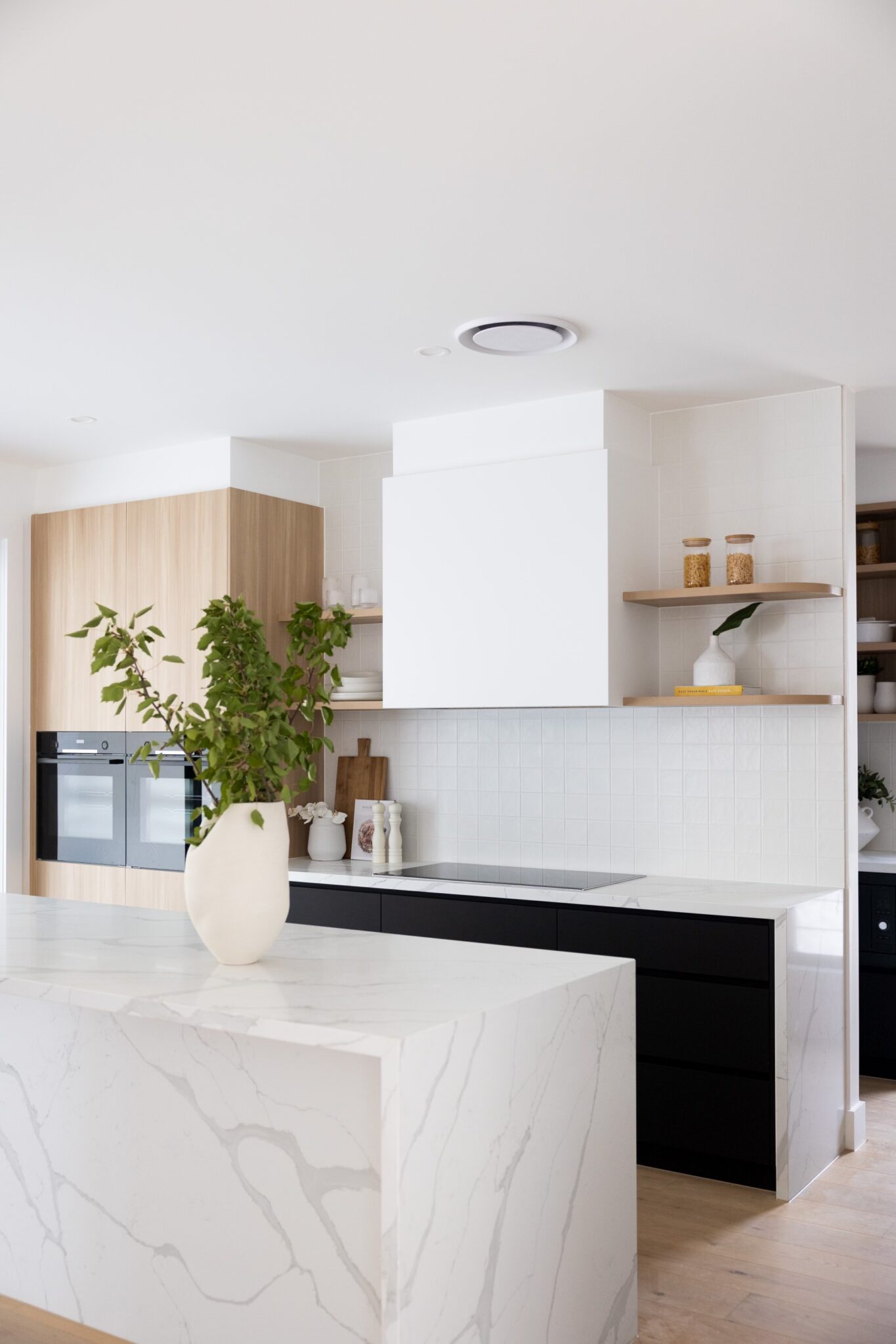 modern designer kitchen with open shelving 