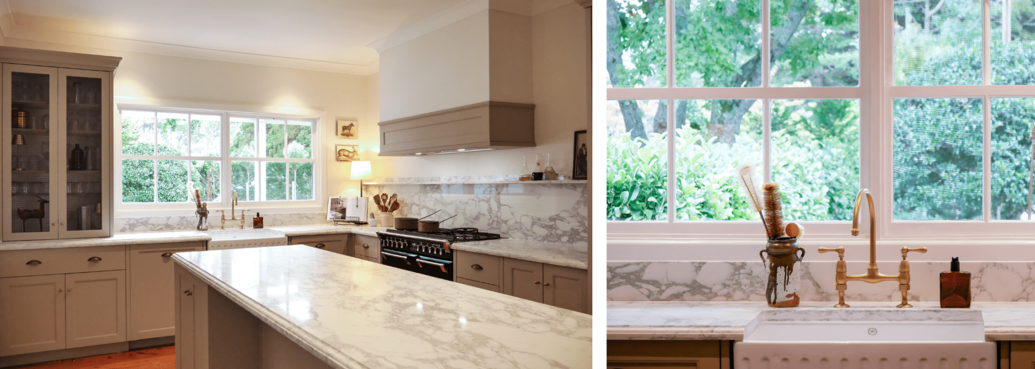 Timeless Class Kitchen Bundanoon featuring taupe colour palette and farmhouse sink 