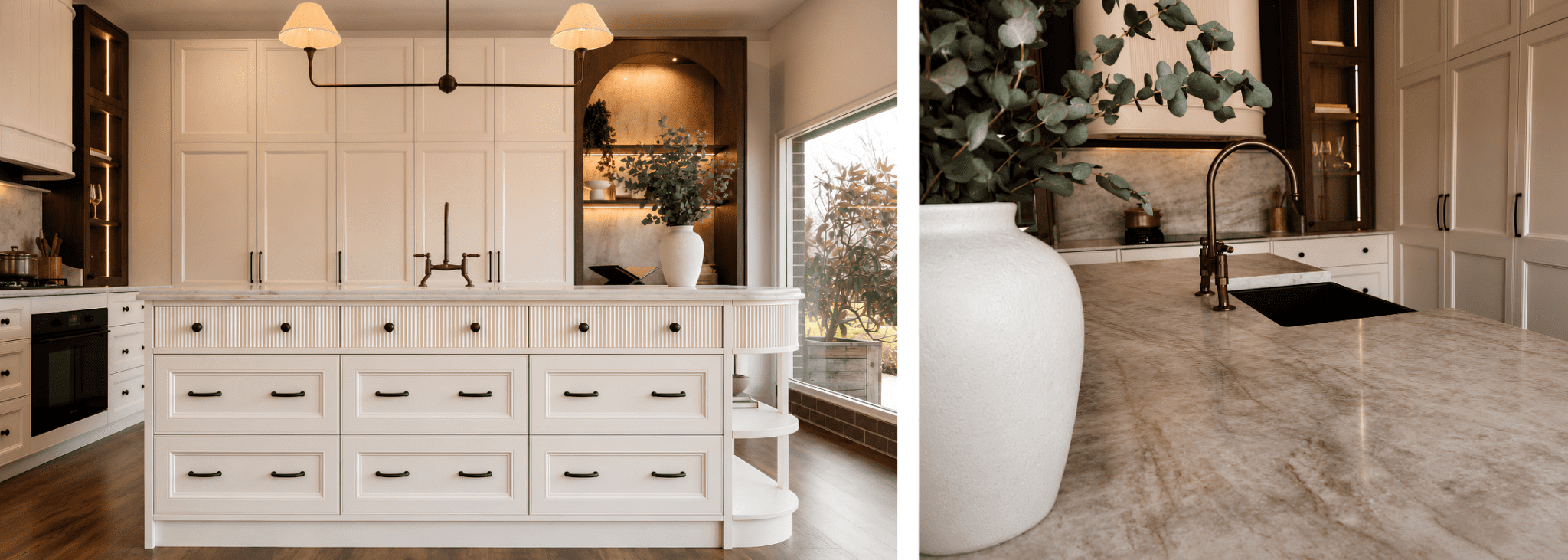 Harrington Kitchens Bowral Kitchen Showroom Modern Farmhouse Kitchen with warm whites and timber