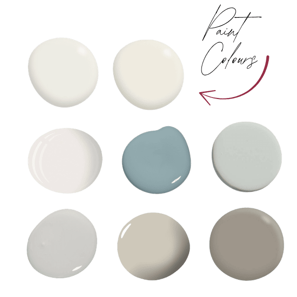 French Provincial kitchen colour inspiration featuring neutral paint samples, soft whites, stone greys and heritage-inspired colours.