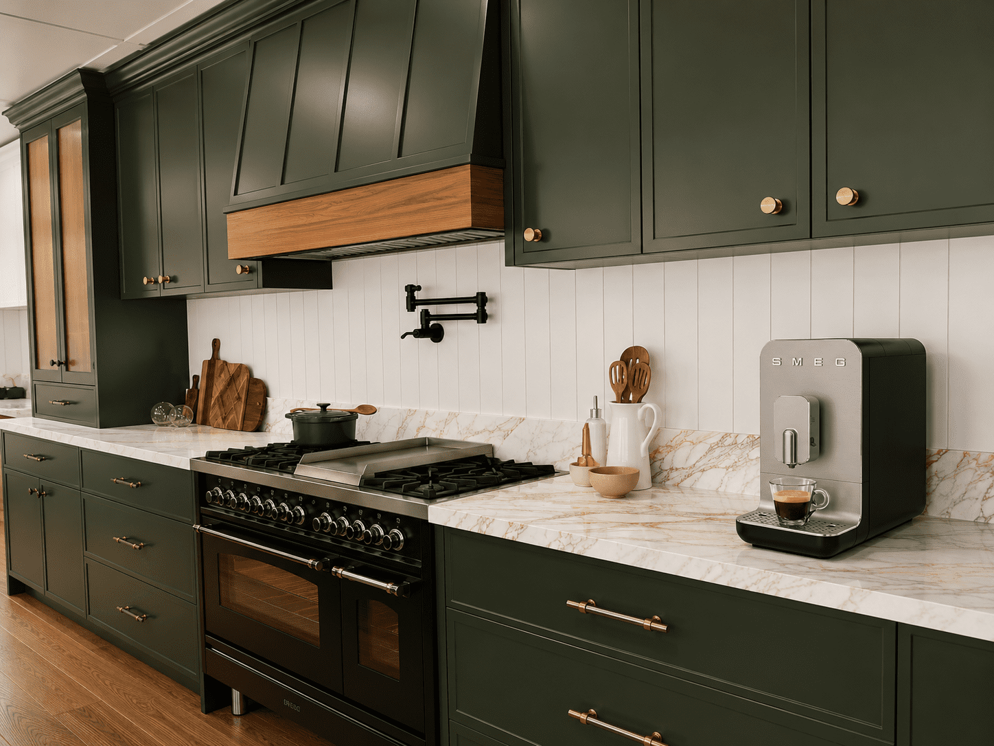 Harrington Kitchens Narellan Showroom Green feature kitchen with timber elements and marble stone benchtop featuring smeg coffee machine